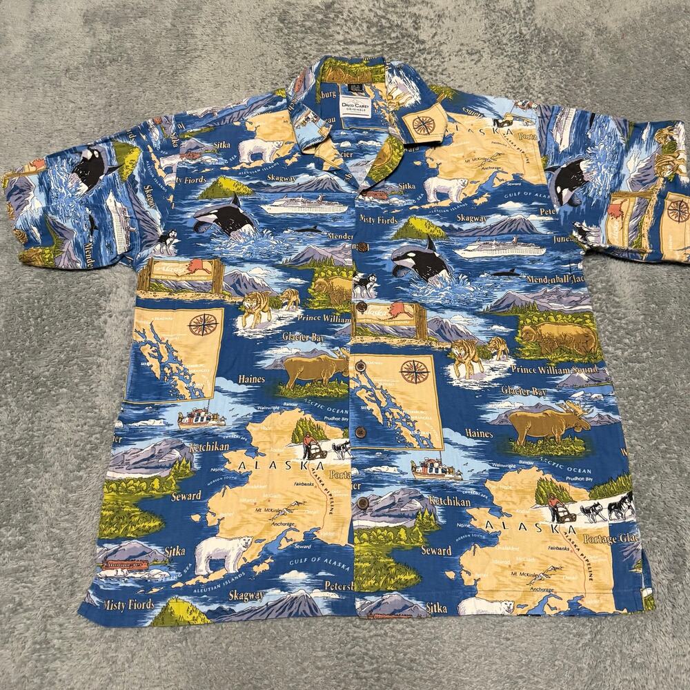 David Carey Shirt Mens XL Alaskan Map Short Sleeve Button Performance Blue
